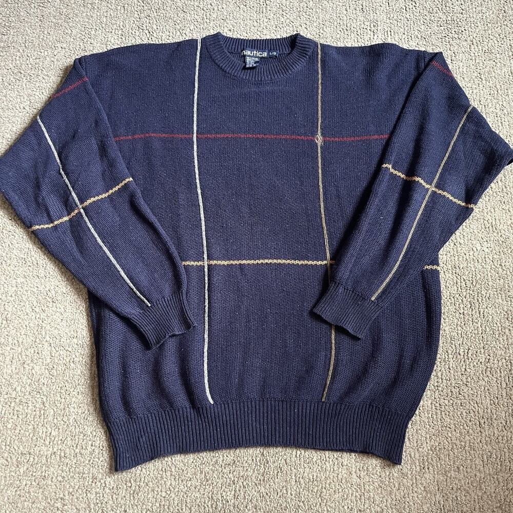 Vintage Nautica Knit Sweater Mens L Large Navy Windowpane Cotton Linen